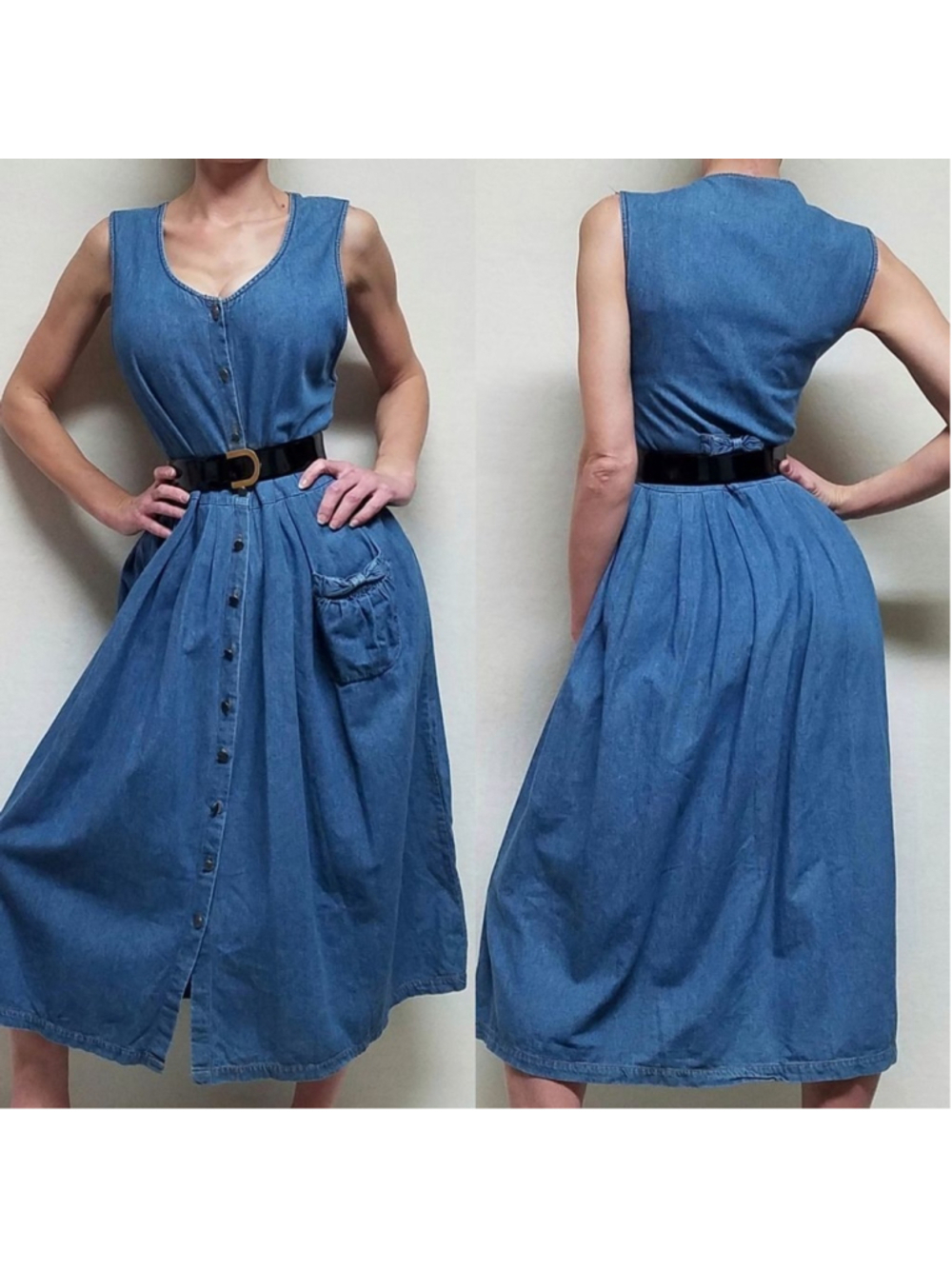 Vintage 1970s Talbots Mid Wash Oversized Button Up Bow Pleated Denim Dress M